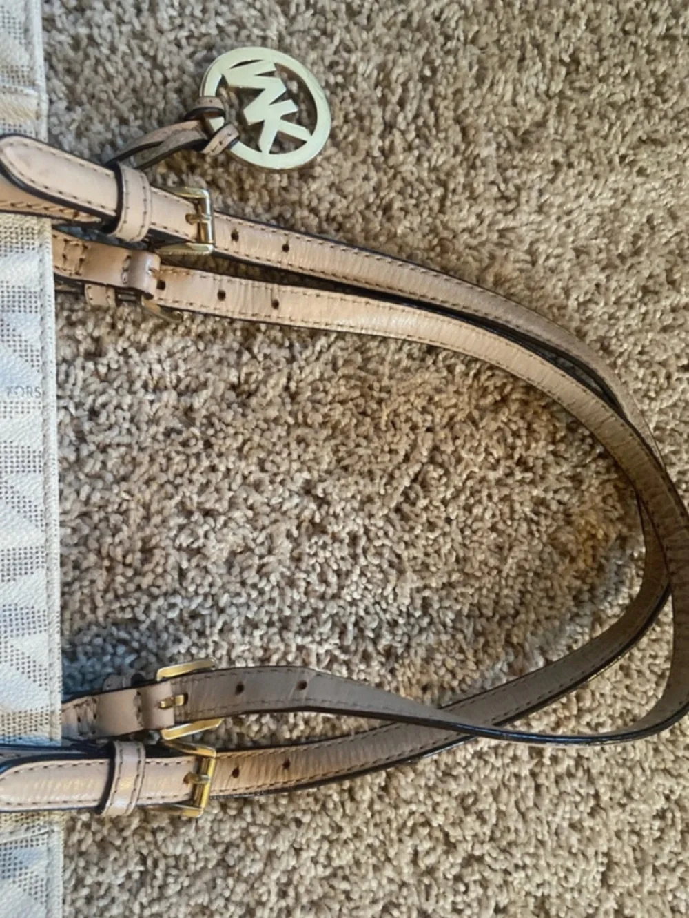 MICHAEL Michael Kors Cream MK Logo Tote with Tan Leather Straps